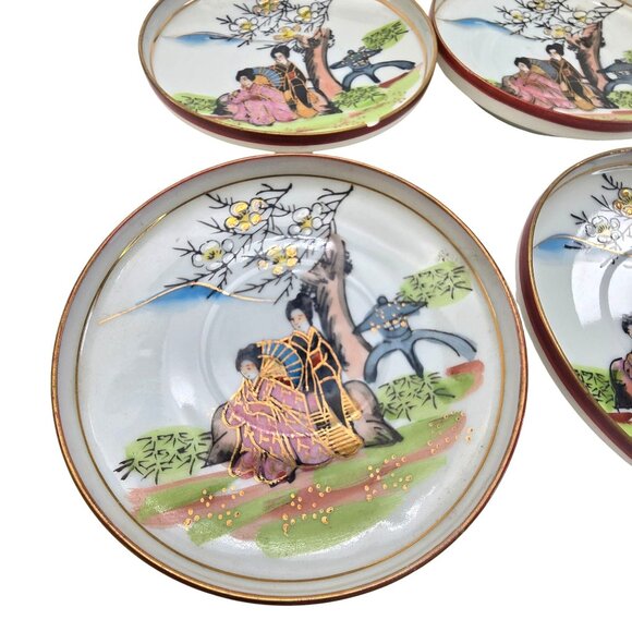 Antique Japanese Kutani Porcelain Tea Set Hand-Painted Geisha Floral Motif je105 - Picture 3 of 12